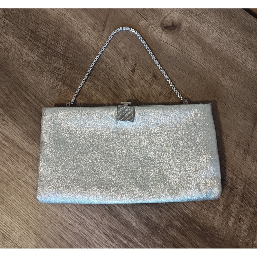 HL USA Vintage Evening Clutch Bag Womens Silver Metallic Chain Strap Formal